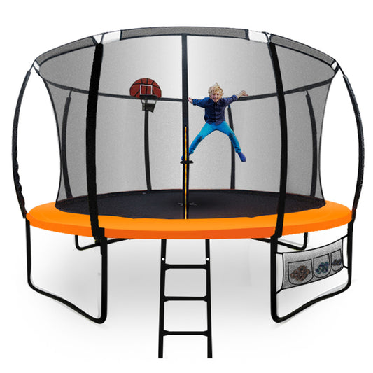 UP-SHOT 14ft Round Kids Trampoline with Curved Pole Design, Basketball Set and Sprinkler Accessory, Black and Orange