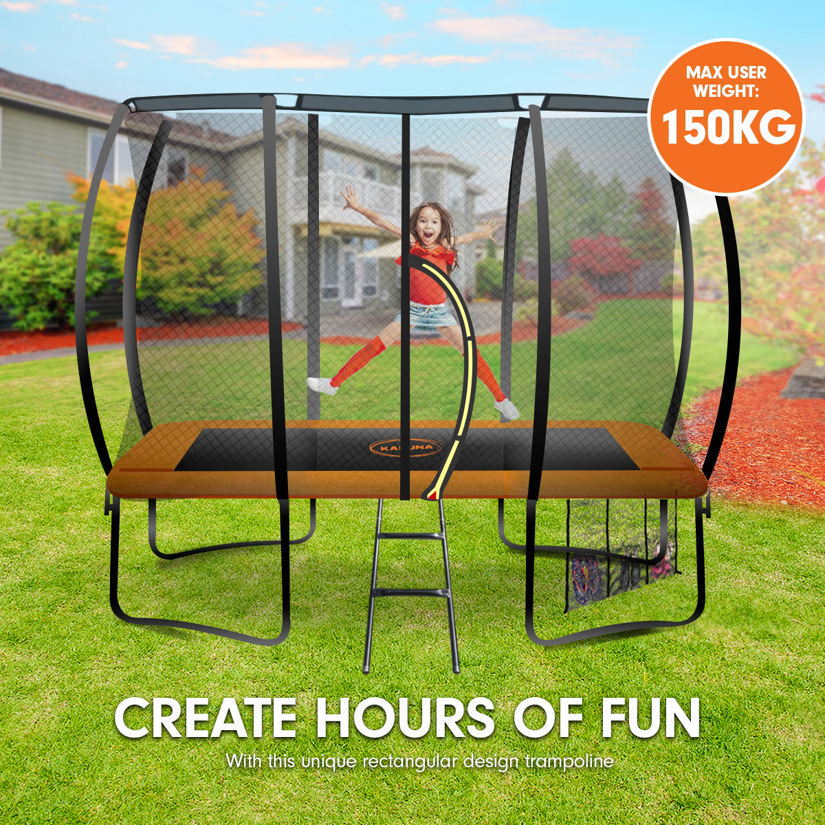 Kahuna 8ft X 11ft Outdoor Rectangular Orange Trampoline with Safety Enclosure.