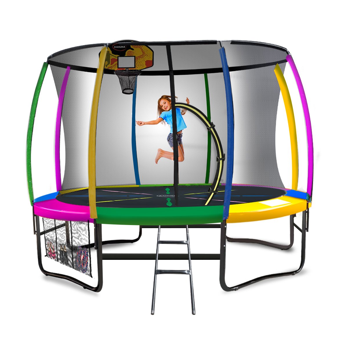 Kahuna 10ft Outdoor Trampoline Kids Children With Safety Enclosure Pad Mat Ladder Basketball Hoop Set - Rainbow