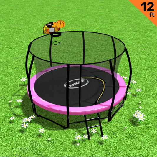 Kahuna 12ft Outdoor Trampoline Kids Children With Safety Enclosure Pad Mat Ladder Basketball Hoop Set - Pink